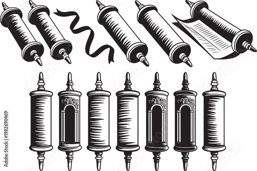 Set of vintage scrolls and torah parchment rollers in engraved woodcut style for historical concepts