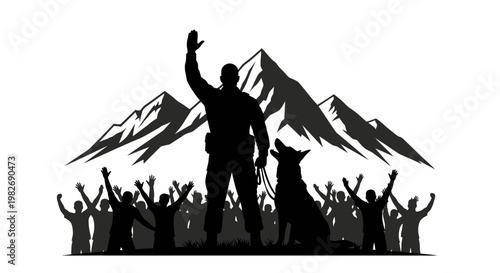 Heroic Soldier and Dog Silhouette with Cheering Crowd and Mountains