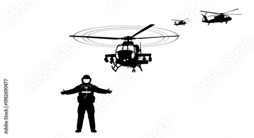 Helicopter Landing Signalman Directing Aircraft in Flight