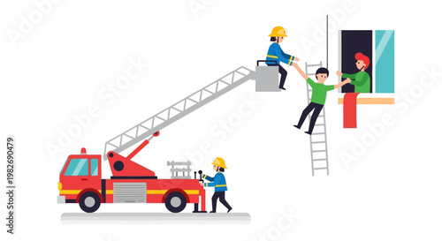 Brave firefighters heroically conducting an emergency rescue operation, utilizing a long ladder to safely evacuate individuals from a building window during a crisis situation