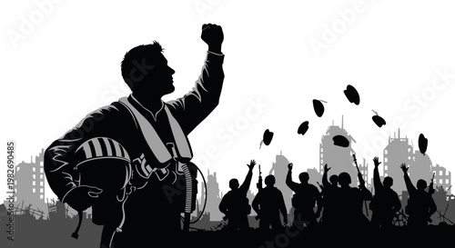 Hero pilot celebrates victory over destroyed city, people cheer in silhouette