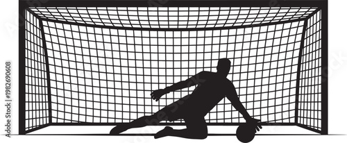 Silhouette of goalkeeper diving to catch ball in front of soccer net during professional match game