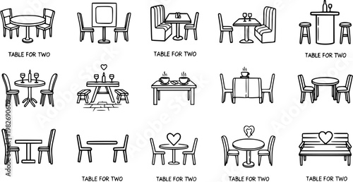 Black and White Line Art Icon Set of Restaurant and Cafe Tables for Two People - Romantic Dining and Couple Seating Arrangements