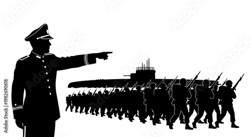 Military Commander Directing Submarine Crew Marching Formation