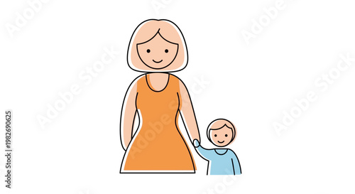 Stylized illustration depicting a loving mother holding hands with her young child, symbolizing family connection, care, and parenthood in a simple, heartwarming design