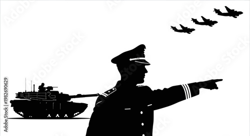 Military Commander Directs Tank and Airplanes in Strategic Formation