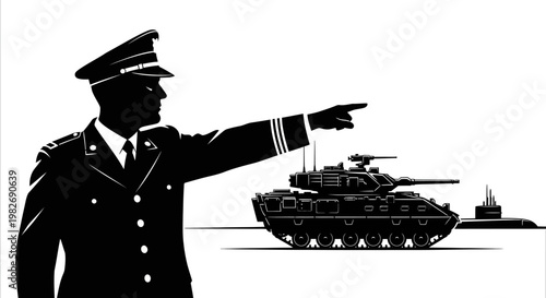 Military Commander Directs Tank and Submarine, Strategic Warfare Concept