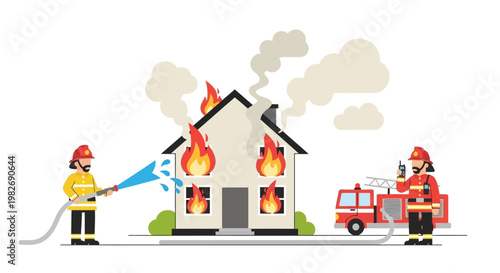 Firefighters Battling a House Fire with Water from a Hose and Firetruck at Night