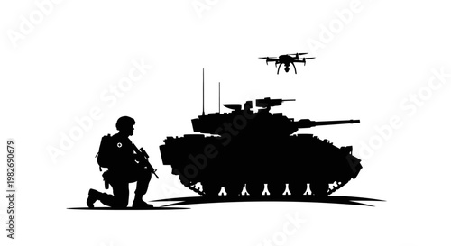 Military Drone and Tank Silhouette with Soldier, Modern Warfare Technology