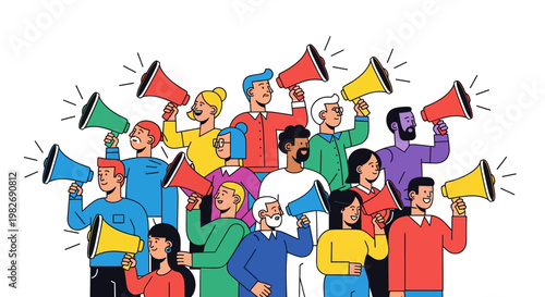 Group of people shouting through megaphones, advocating for change, making noise for social issues, and expressing opinions