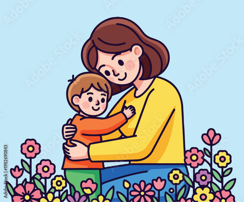 Woman Hugging Little Boy Outdoors.