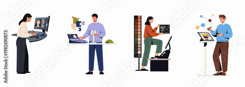 Professional digital creators working on color grading, photo editing, and UI design using specialized consoles and tablets.