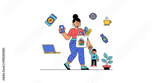 Multitasking busy mother juggling everyday life with shopping, technology, and childcare in a vibrant illustration