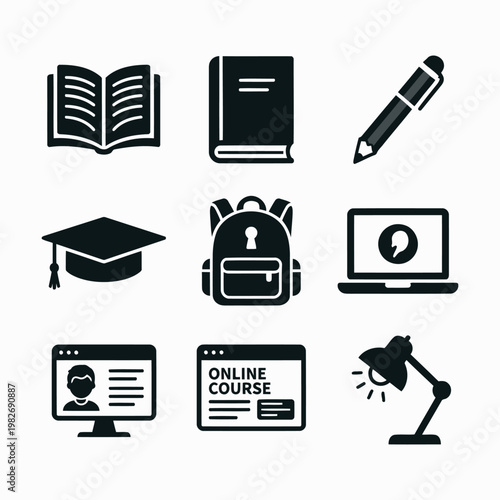 Vector set of education and e-learning icons, graduation cap, books, backpack, online course windows, and desk lamp isolated on white.