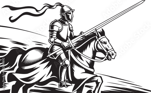 Knight in full armor charging on horse with long spear in hand vintage style vector illustration set