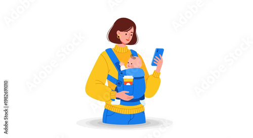 Mother holding baby in carrier and using smartphone with happy expression