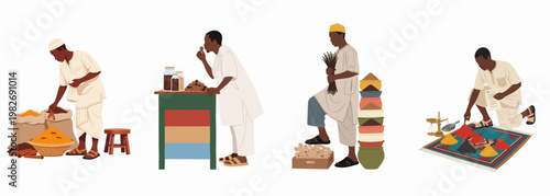 Set of African Spice Merchants in Traditional Attire Working with Exotic Seasonings and Ingredients in a Vibrant Market Scene Illustration