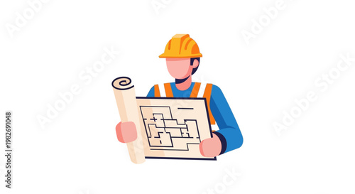 Construction worker wearing a hard hat inspecting blueprints and plans at a building site