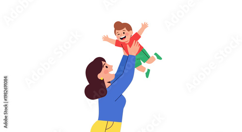 Mother joyfully tosses her happy child in the air, celebrating their special bond