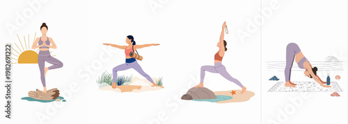 Set of Minimalist Vector Illustrations of Women Practicing Yoga Poses in Scenic Outdoor Environments like the Beach and Sunrise for Wellness and Relaxation
