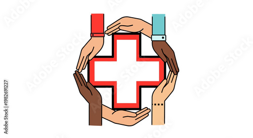 Diverse hands united in a circle around a red cross symbol, representing global health cooperation and medical aid