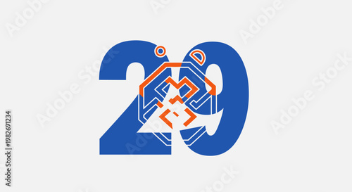 Blue Number 20 with Orange Geometric Symbol.