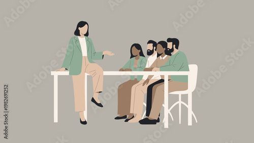 Diverse team meeting, woman leading discussion at table, modern flat illustration
