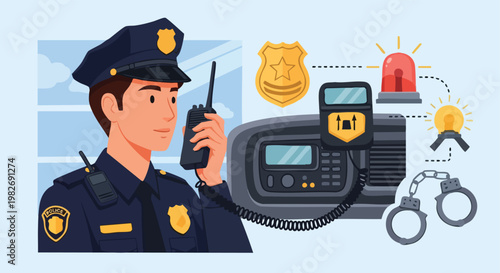 Police Officer Communicating via Radio, Law Enforcement Equipment, Safety Concept