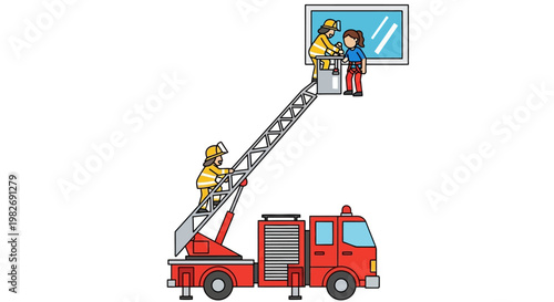 Firefighters rescuing a person from a high window using a ladder truck and extending platform, illustrating emergency services