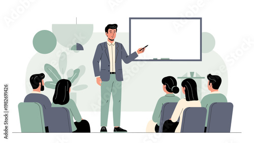 Business presentation with a teacher and students in a modern classroom