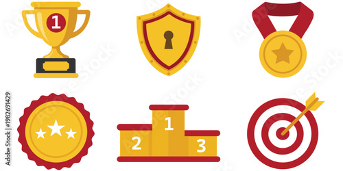 Icons of Success: A collection of icons representing achievement, victory, and the pursuit of excellence, showcasing a trophy, shield, medal, and bullseye