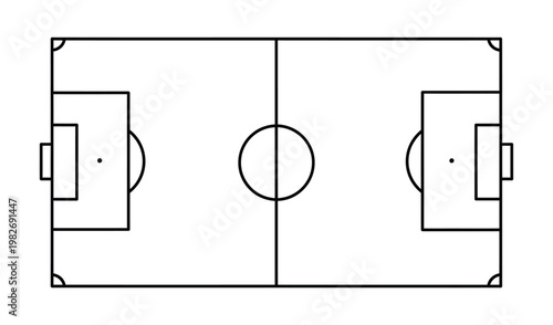Aerial view of a minimalist soccer field diagram with clear lines, goals, and center circle on a white background, perfect for sports education.