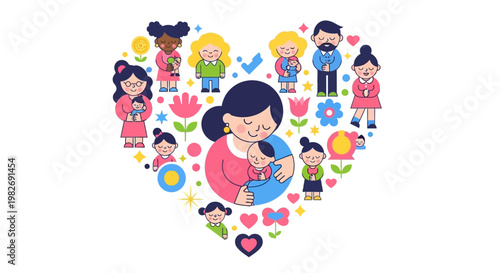 Diverse Family and Motherhood Celebration A Heartwarming Illustration of Unity and Love