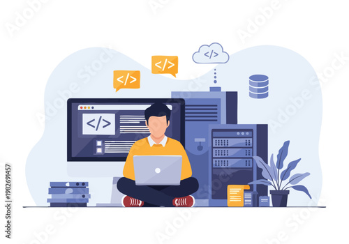 Programmer Working on Laptop with Servers and Cloud Computing