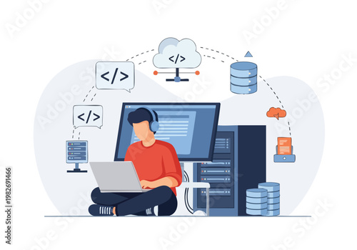 Programmer Working on Laptop with Cloud and Database Icons