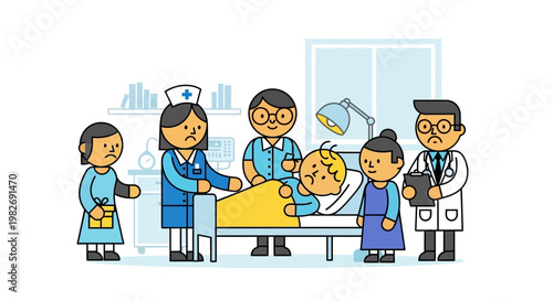 Medical Professionals and Caring Family Support an Ailing Patient in a Hospital Bed During a Visit or Consultation