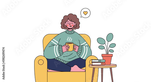Cozy moment of quiet contemplation for a woman enjoying a warm beverage in a comfortable armchair, embracing relaxation and self-care at home