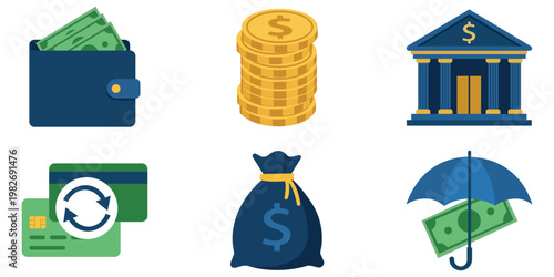 Financial Symbols and Icons: Illustrative collection of financial symbols and icons, a wallet overflowing with cash, a pile of gold coins, a bank facade, credit cards with circular arrow, money bag.