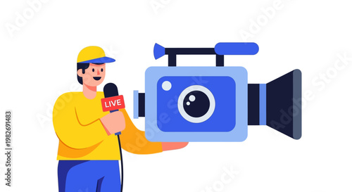 Dynamic journalist capturing live news footage for media broadcasts, utilizing a professional video camera and microphone for engaging content