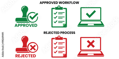 Workflow Approval and Rejection Icons: A set of icons illustrates approval and rejection processes, showing a checklist, a stamp, and a laptop with green check marks and red crosses.