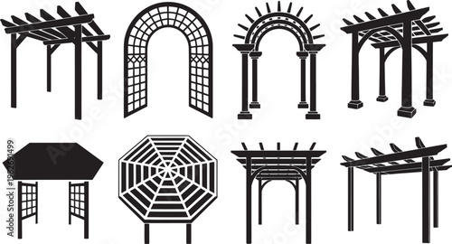 Assortment of garden arches pergolas and gazebos structures for outdoor decoration