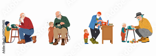 Grandfathers teaching toddlers how to use vintage rotary dial telephones in a series of heartwarming flat vector illustrations