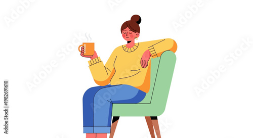 Cartoon Woman Relaxing in an Armchair with a Hot Beverage, Perfect for Cozy Moments and Leisurely Activities