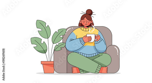 Cozy woman relaxing with a warm beverage in a comfortable chair surrounded by plants