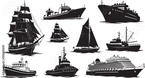 Collection of various sailboats and ships silhouettes