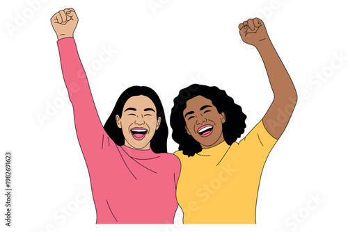 Two diverse women celebrating with raised fists in a moment of triumph and solidarity together