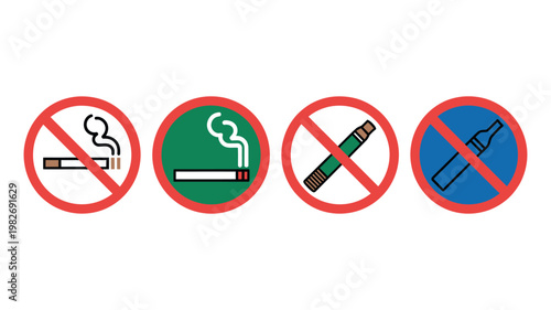 Circular prohibition signs series showing smoking and vaping devices with red slash symbols high quality modern elegant stylish clean crisp vibrant vector design