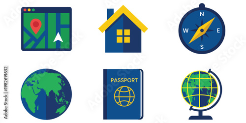 Travel Essentials: A collection of vibrant icons representing a journey of exploration, including a map, house, compass, globe, and passport.