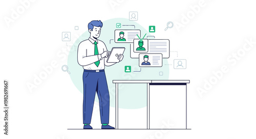 Man reviewing candidate profiles on tablet, HR recruitment concept, online hiring process