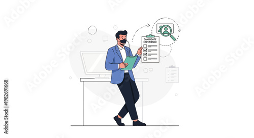 Man reviewing candidate experience checklist with magnifying glass and profile icon